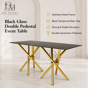 Mesa Rectangular de Lujo de Acero Inoxidable con Cubierta de Vidrio Negro y Base de Varillas Cruzadas para Eventos, Bodas y Banquetes - Product Image 1
