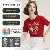 T-shirt rétro rouge doux pour la peau, col rond, imprimé floral américain, motif colombe et amour, manches courtes, haut décontracté polyvalent pour les rendez-vous quotidiens