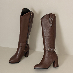Big Size 52 Chunky Heels Belt Metal Buckles Shoes Women V-shaped Top Knee High Boots Side Zipper Wide Fit Long <b>Booties</b> - Product Image 6