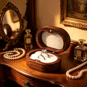 Boîte à Bague en Bois de Noyer, Organisateur de Bijoux pour Fiançailles, Mariage, Demande en Mariage, Étui Cadeau Magnétique de Luxe, Ovale à Double Fente - Product Image 4
