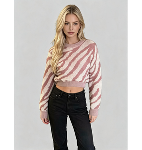 Nuovi Arrivi: Maglioni Pullover da Donna Eleganti e alla Moda in Cotone e Spandex, con Motivo a Righe Zebrate, Lavorati a Maglia, Anti-Restringimento - Product Image 1