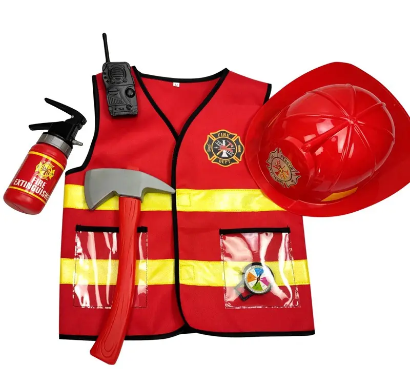 6-Piece Kids Fireman Halloween Costume Firefighter Pretend Role Play Dress-Up Suit Gift Set for Children