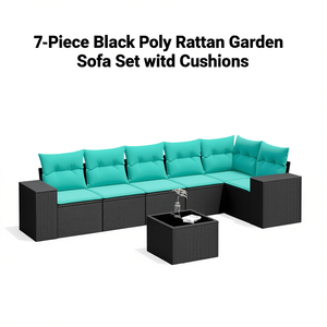 7 Piece Black Poly <b>Rattan</b> Garden <b>Sofa</b> Set With Cushions Outdoor Furniture Contemporary Style - Product Image 1