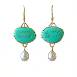 Orecchini Pendenti Classici Farow in Oro 18K con Turchese e Perla d'Acqua Dolce in Montatura a Castone per Uso Quotidiano Femminile - Product Image 1