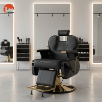 Fauteuil de barbier moderne en similicuir confortable avec structure métallique, noir et or, pivotant, pour salon de coiffure