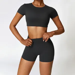 Women Sportswear Short Sleeve Sports Top Bra High Waist Yoga Leggings Suit Gym Fitness Yoga Sets
