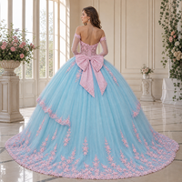 Robe de bal Quinceañera longue en tulle bouffant, épaules dénudées, manches longues, appliques florales 3D, peplum à volants, robe de princesse