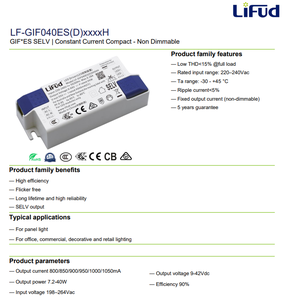 Lifud LF-GIF040ES0900H 40W 900mA 33‑40V Flicker Free Isolated Constant Current LED Driver AC220‑240Vac IP20 - Product Image 2