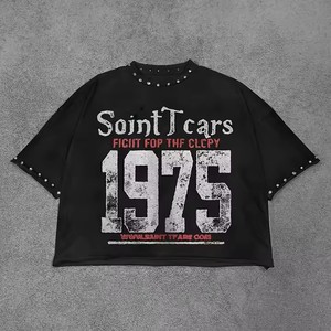 T-shirt da uomo personalizzata con grafica, pesante, effetto distressed, lavaggio acido, 300 g/m², con strass, taglio cropped e vestibilità boxy - Product Image 3