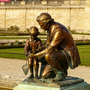 Statue YOUFINE personnalisée en bronze grand-père apprenant son petit-fils à pêcher, sculpture commémorative maritime pour jardin - Product Image 5