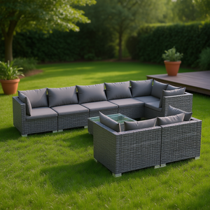 Salon de jardin en rotin gris avec structure en acier et table en verre, mobilier d'extérieur pour jardin, design contemporain, 10 places et plus - Product Image 2