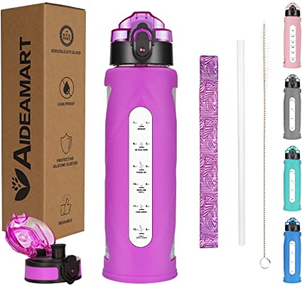 17oz Glass Water Bottle 2 Lids One Click Open and Motivational Water Bottles with Time Marker Reminder
