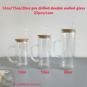 12Oz 15Oz 20Oz <b>Double</b> <b>Walled</b> Glass Can Transparent <b>Mugs</b> Wholesale Craft Tumbler Handle for Diy Snow Globe With Lids - Product Image 2