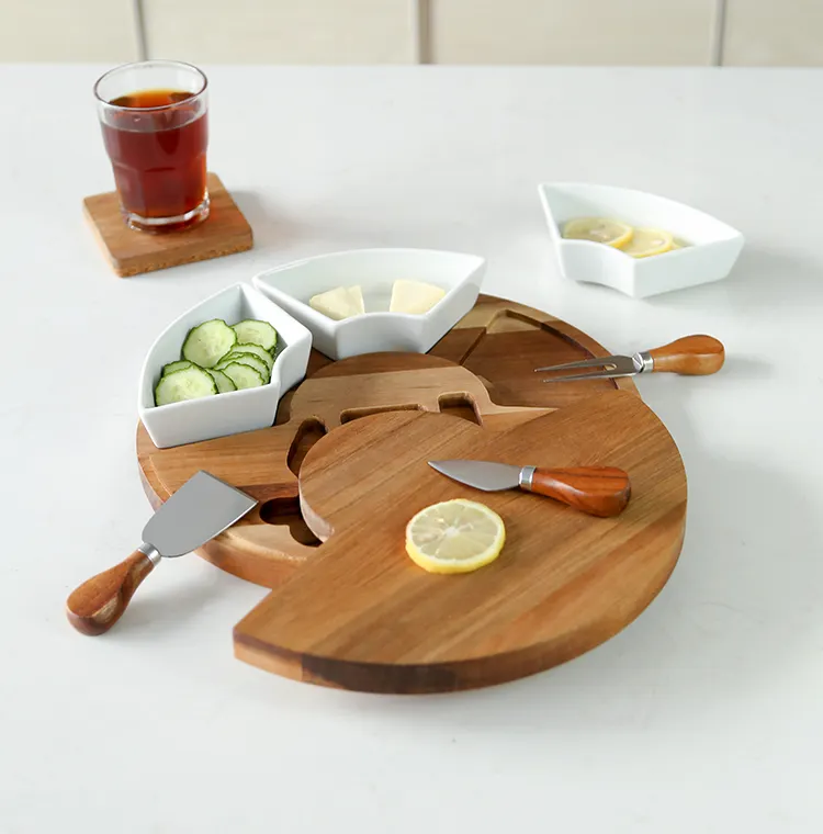 Wholesale Brie Cracker Charcuterie Cheese Platter Acacia Wood Cheese Board and Knife Set with Cheese Tools and 3 Ceramic Dishes