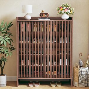 5-stöckiger chinesischer Schuhschrank aus Holz mit Schiebetüren und Regalen - Product Image 2