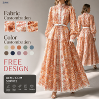 Robe longue sur mesure pour femme en spandex, polyester et satin, imprimé floral paisley orange, grande taille, manches longues, col montant, ceinture à la taille