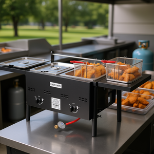 Friteuse Commerciale à Propane Double Cuve 8Qt x2 pour Extérieur, en Acier Inoxydable, avec Plateforme Pliable et Réglage de la Chaleur, sur Pieds - Product Image 2