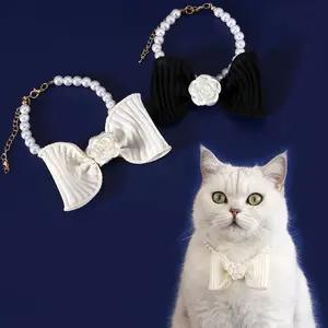 Colar de gato de luxo com laço de pérola para cachorros e gatos, colar de joias para animais de estimação, novidade no atacado, moda da moda