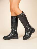 Bottes de moto pour femmes, hauteur genou, avec fermeture éclair latérale, bride à boucle, talon épais, en cuir PU noir, style western, vente en gros