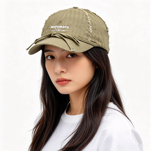 หมวกเบสบอล 5 แผงสไตล์วินเทจ ขอบรุ่ย แต่งปม ดีเทลผ้าฝ้ายสีกากี สตรีทแวร์ หัวเข็มขัดโลหะ ยูนิเซ็กส์ - Product Image 1