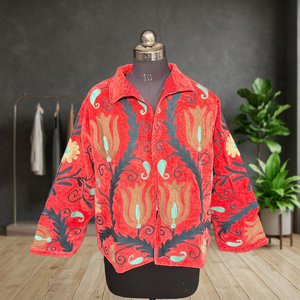 Vintage Red Suzani Embroidered <b>Velvet</b> Jacket Floral Boho <b>Coat</b> Kashmiri Handmade Open Front Cardigan <b>Women</b> Winter Jacket - Product Image 5