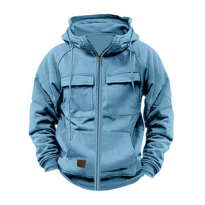 Nuovo autunno e inverno felpa in tinta unita con cappuccio da uomo felpa sportiva giovanile europea e americana Multi-tascabile in pelle Jac - Product Image 3