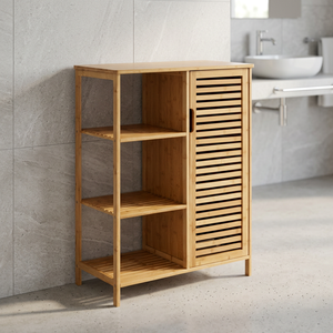 Armoire de salle de bain en teck massif avec 1 porte à persiennes et 3 étagères ouvertes à lattes - Product Image 2