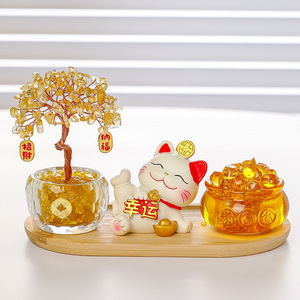 Ensemble cadeau de décoration pour la maison : Arbre à argent en cristal jaune et bassin au trésor, motif Chat porte-bonheur - Product Image 3