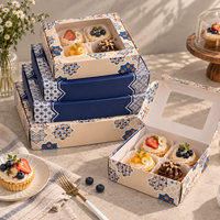Boîte cadeau pour gâteau à la crème avec logo personnalisé OEM, 4 compartiments, fenêtre transparente, motif géométrique bleu marine, matériaux PET recyclés, carrée, épaisseur 2 mm