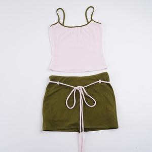 Ensemble deux pièces sexy rose et vert pour femme : caraco et mini-jupe moulante taille basse avec lien à nouer pour l'été et le streetwear - Product Image 6