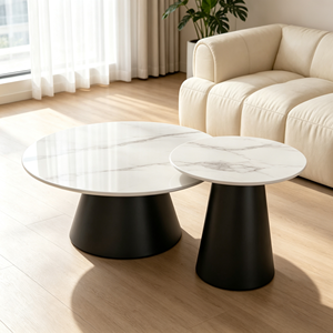Ensemble de tables basses gigognes modernes à base ronde noire, plateau à motif marbre, style minimaliste, luxe léger, pour salon et hôtel - Product Image 5