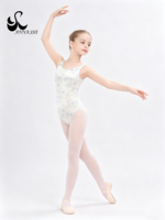 Maillot de Ballet de Terciopelo Floral Blanco y Azul para Niñas Anna Shi, sin Mangas, para Gimnasia, Danza y Clases de Baile