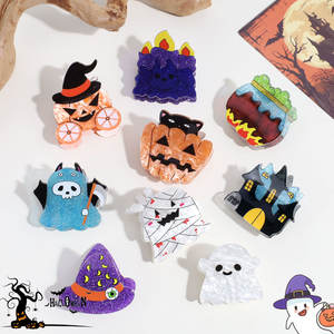 Halloween chat noir citrouille cheveux griffe foncé gothique acrylique cheveux griffes avec fantôme château conception nouveauté cheveux accessoires pour femmes - Product Image 2