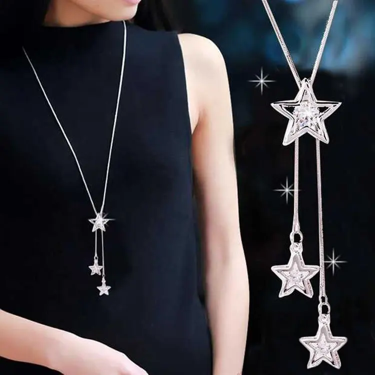 Sisslia Fashion Jewelry Sweater Chain Multilayer Rhinestones Inlaid Necklace Decorative Star Pendant Necklace