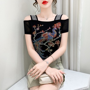 Camisetas con hombros descubiertos y diamantes de imitación brillantes, camisetas de malla con flores de pavo real azul y rojo, camisetas de manga corta para discoteca, <span class=keywords><strong>camiseta</strong></span> de fiesta - Product Image 2