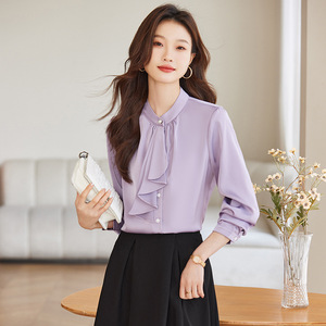 Purple Satin Shirt Women Long Sleeve Elegant Office Blouse Solid Color Polyester Fabric - Product Image 1
