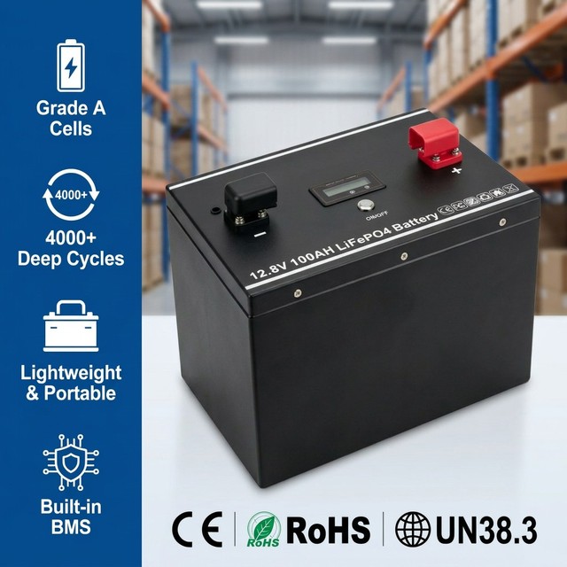 Deep Cycle 12.8V 100Ah LiFePO4 Battery with LCD Display 4000+ Cycles for RV Solar Marine and Home Energy Storage