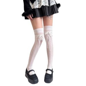 Ballet-inspired Over The Knee Socks 15D Thin Hollowed Out Bow Drawstring Fishnet Stockings Women Thigh High Socks - Product Image 5