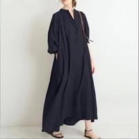 Gaun Wanita Warna Solid Katun Linen Kerah Tegak Kancing Longgar Pakaian Wanita Lengan Panjang Kasual Gaun Kemeja Panjang