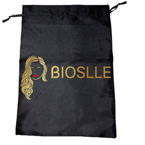 Custom marchio Logo nero raso di seta custodia con coulisse per extension capelli umani Bundle borse per capelli con Logo personalizzato - Product Image 1