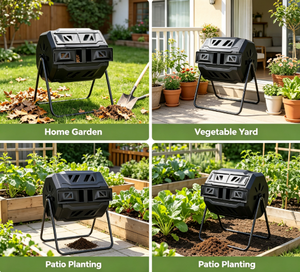 Compostador giratorio de doble cámara de plástico con soporte metálico para la elaboración de fertilizante a partir de residuos de jardín. - Product Image 3