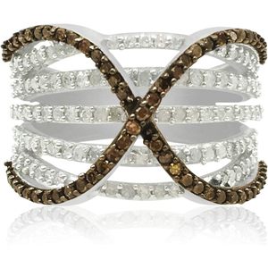 Jewelspaark Sterling <b>Silver</b> Diamond <b>Ring</b> 0.99 Ct White And Brown Round Pave Setting Geometric Women's Engagement Size 7.5 - Product Image 1