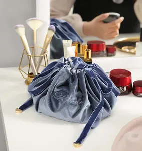 Bolsa de cosméticos portátil de veludo, novo design, azul, com cordão, macio, para viagens, redonda