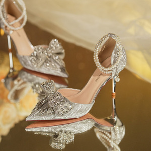 Zapatos de Tacón de Aguja con Punta Sólida y Adorno de Lazo de Pedrería, con Correa al Tobillo, para Novia, Cómodos, Calzado de Boda para Mujer, Forro de Satén - Product Image 4