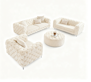 Ensemble de canapés en bouclette crème haut de gamme - Mobilier de salon capitonné de qualité supérieure (canapé + fauteuil + pouf) Pieds en métal robustes - Product Image 6