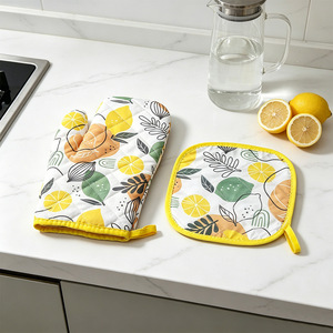 Lemon Pattern Oven Mitt And Pot Holder Set <b>Heat</b> Insulating Kitchen Cooking Gloves And <b>Pad</b> For <b>Microwave</b> Oven Use - Product Image 1