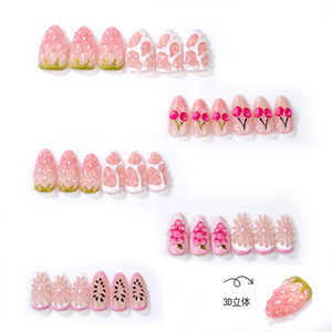 Uñas Postizas de Gel 3D Hechas a Mano con Diseño de Frutas Rosadas de Verano (Almendra, Fresa, Cereza, Uva, Sandía) para Niñas, Venta al Por Mayor - Product Image 4