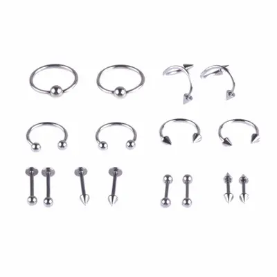 Bijoux de corps en acier inoxydable 14G, lot de 16 pièces, clous pour la langue, les lèvres, les sourcils, le nez, le nombril, anneau de perforation