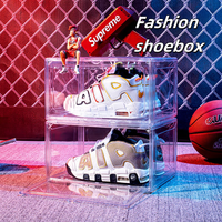 Boîte de rangement empilable pour baskets, en plastique transparent, avec porte magnétique à ouverture latérale, pliable, pour chaussures AJ