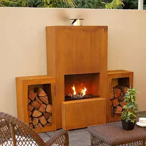 Corten Steel Standing Outdoor Fireplace With Wood Storage